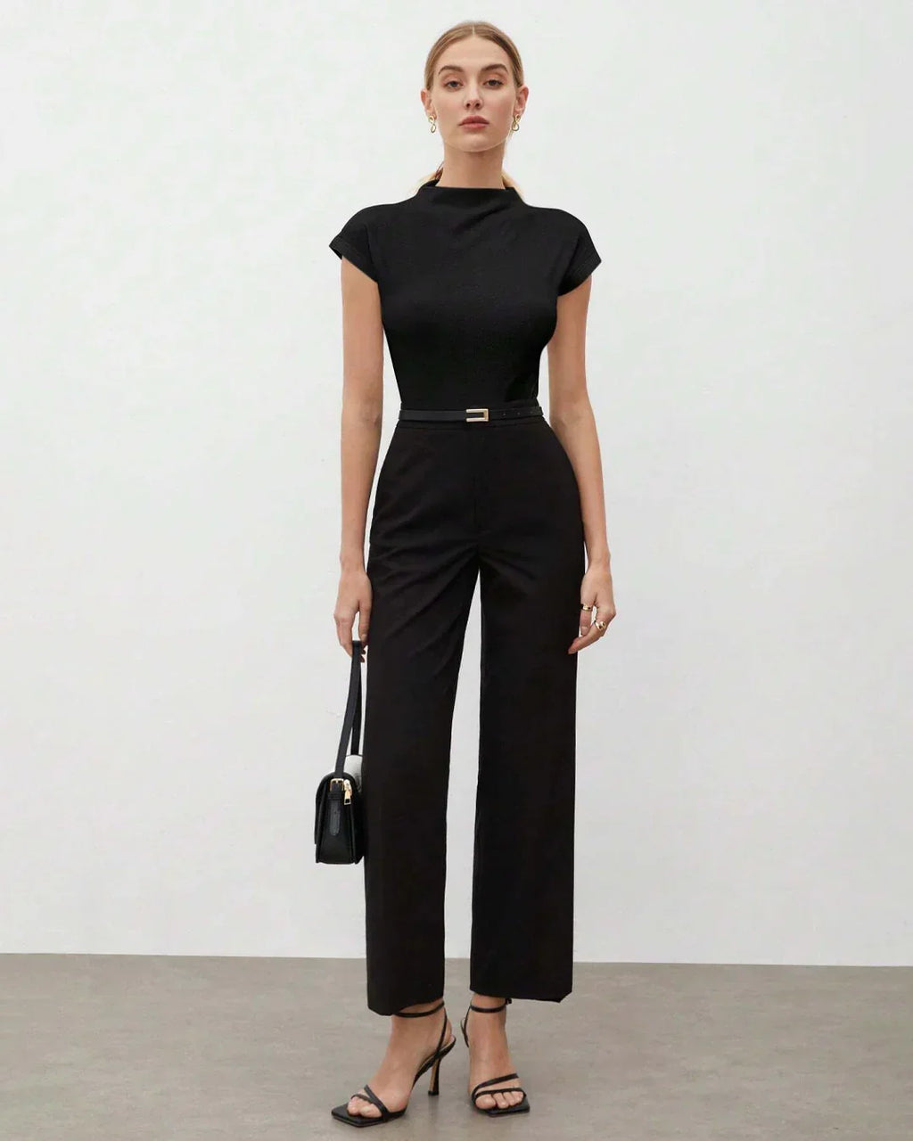 Mock Neck Cap Sleeve Fitted Top in Black