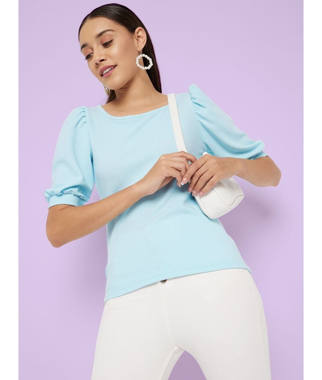 Cotton Solid Stretchable Round Neck Puff Sleeve Top - Pinkkup