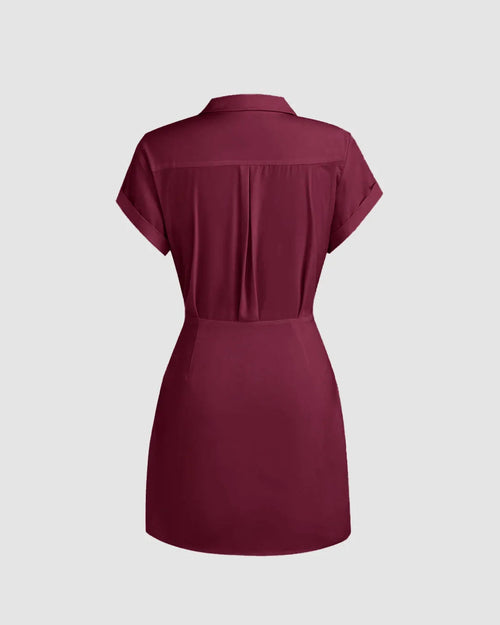 Collar Wrap Buckle Rose Red Mini Dress