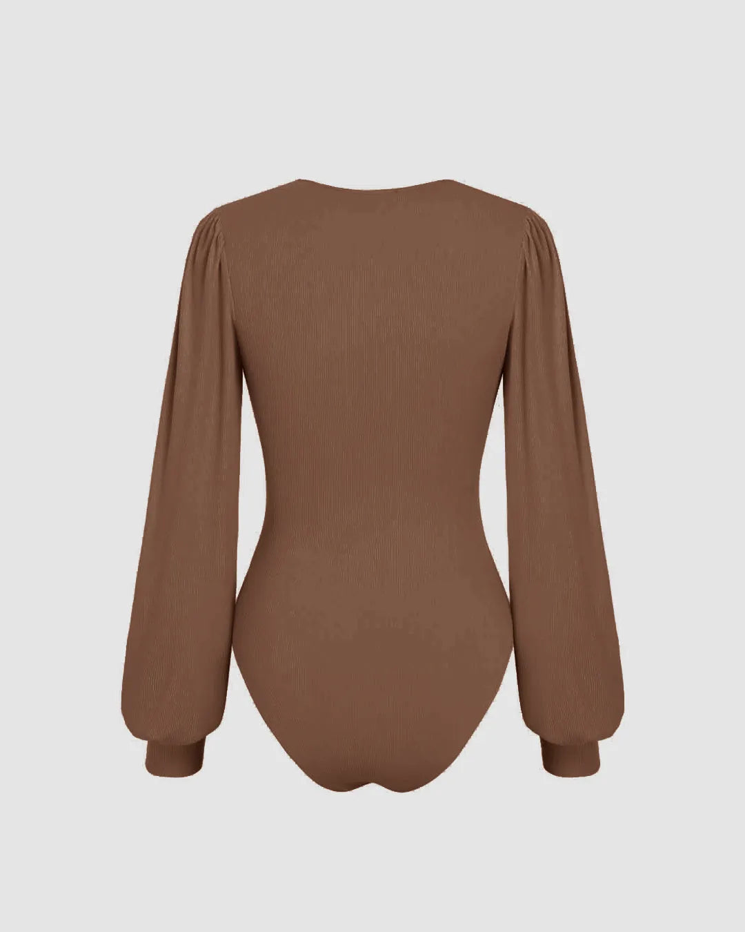 Plunging Neck Lantern Sleeve Brown Bodysuit