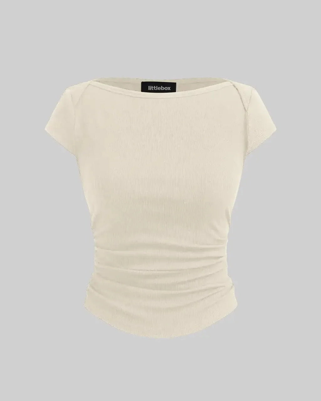 Boat Neck Solid Ruched Short Sleeve Apricot Top