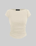 Boat Neck Solid Ruched Short Sleeve Apricot Top