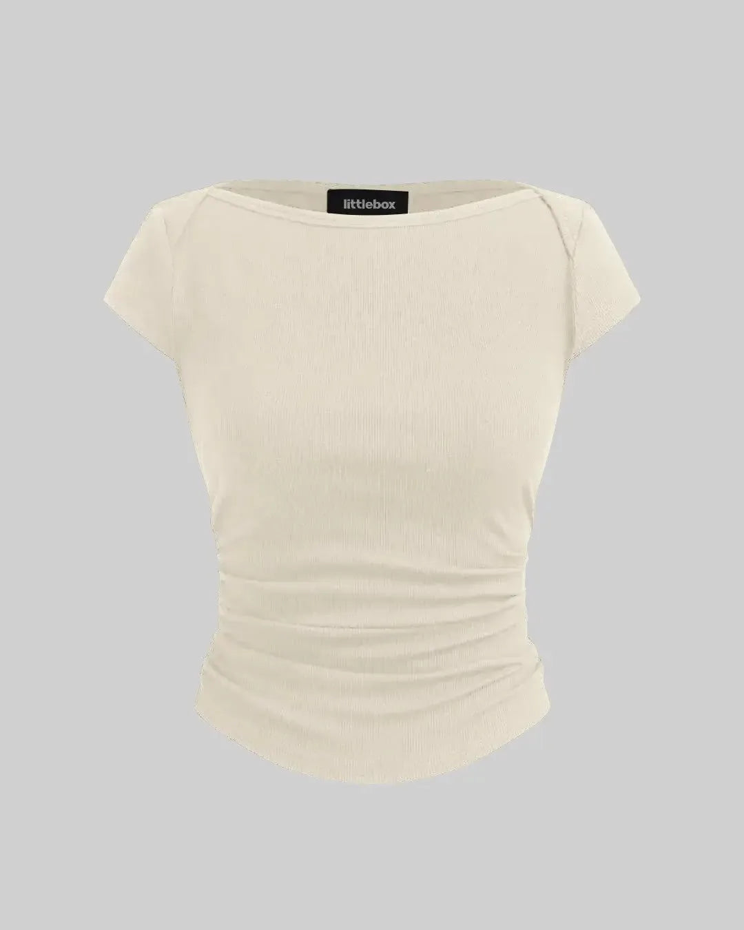 Boat Neck Solid Ruched Short Sleeve Apricot Top