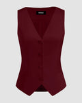 Satin V-neck Solid Button Vest in Red