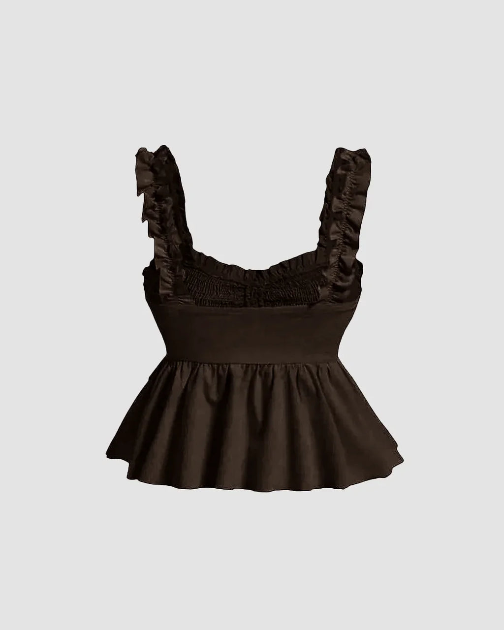 Solid Ruffle Wide Strap Front Tie Bow Tank Top In Chocolate