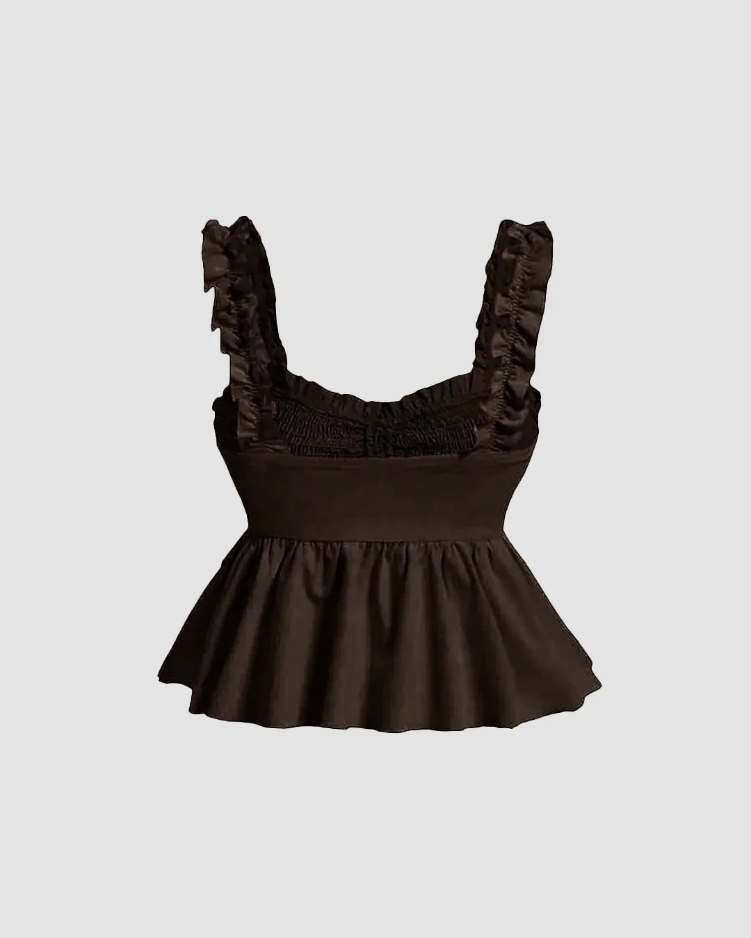Solid Ruffle Wide Strap Front Tie Bow Tank Top In Chocolate