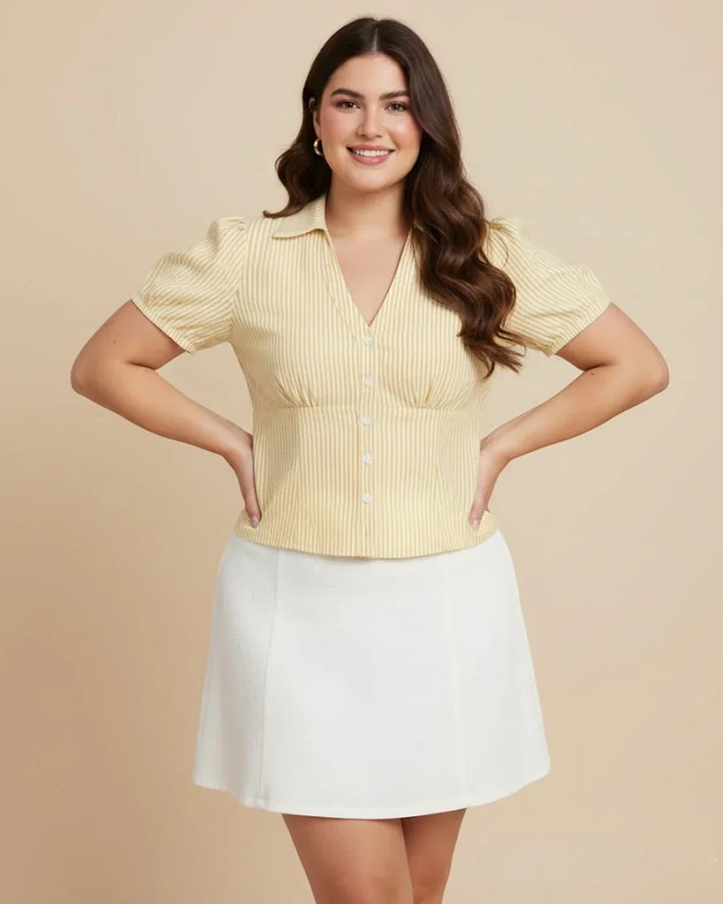 Ruched Button Down Puff Sleeve Top in Yellow Curve & Plus