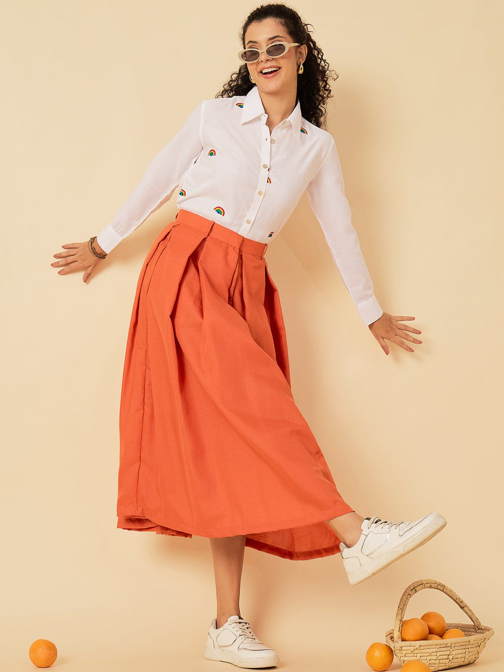 Box Pleated Linen Midi Skirt