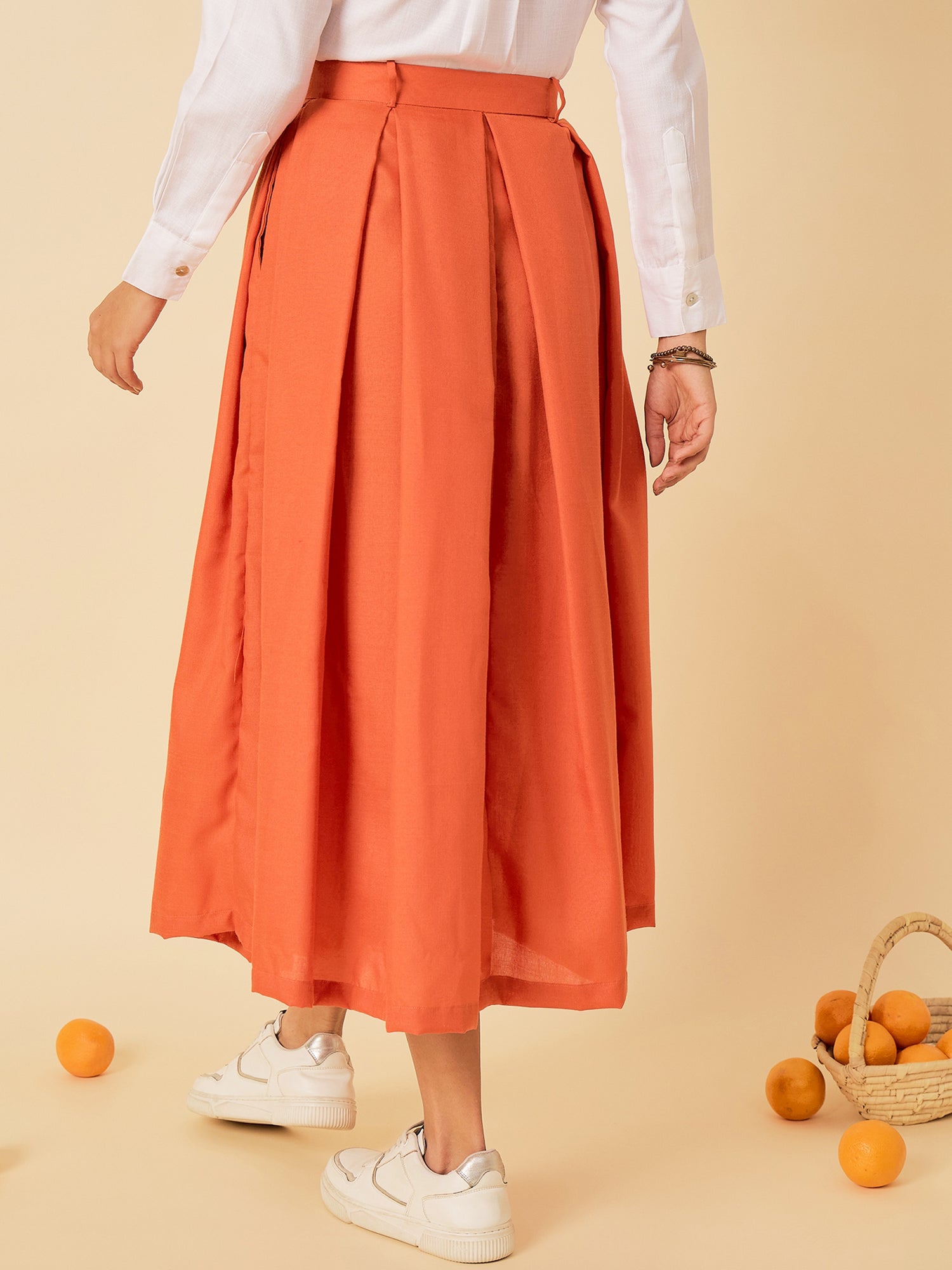 Box Pleated Linen Midi Skirt