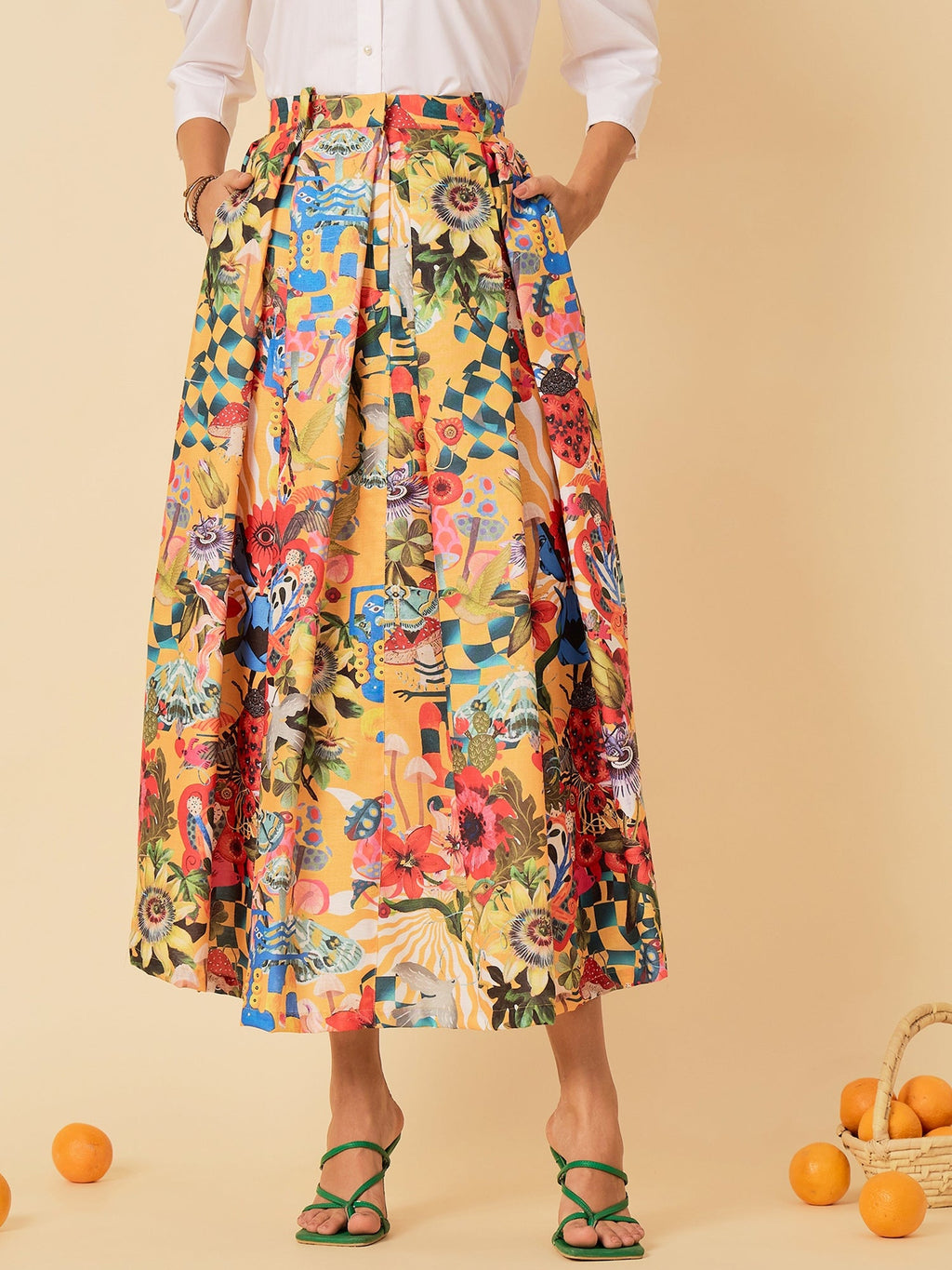 Pure Cotton Box Pleated Midi Skirt