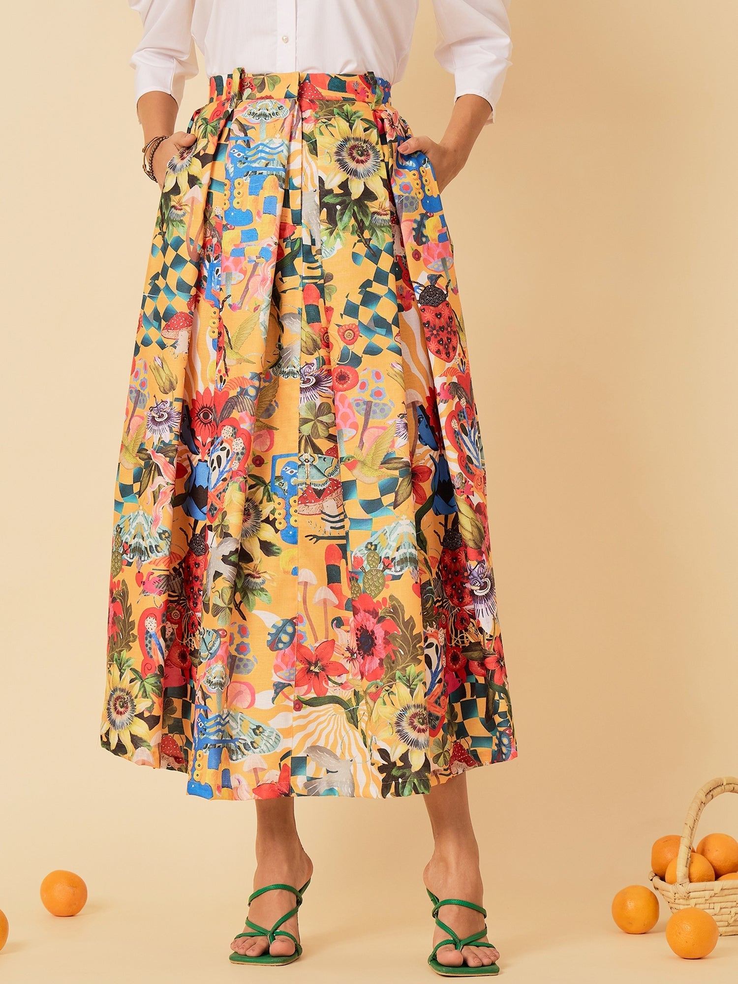 Box Pleated Linen Midi Skirt
