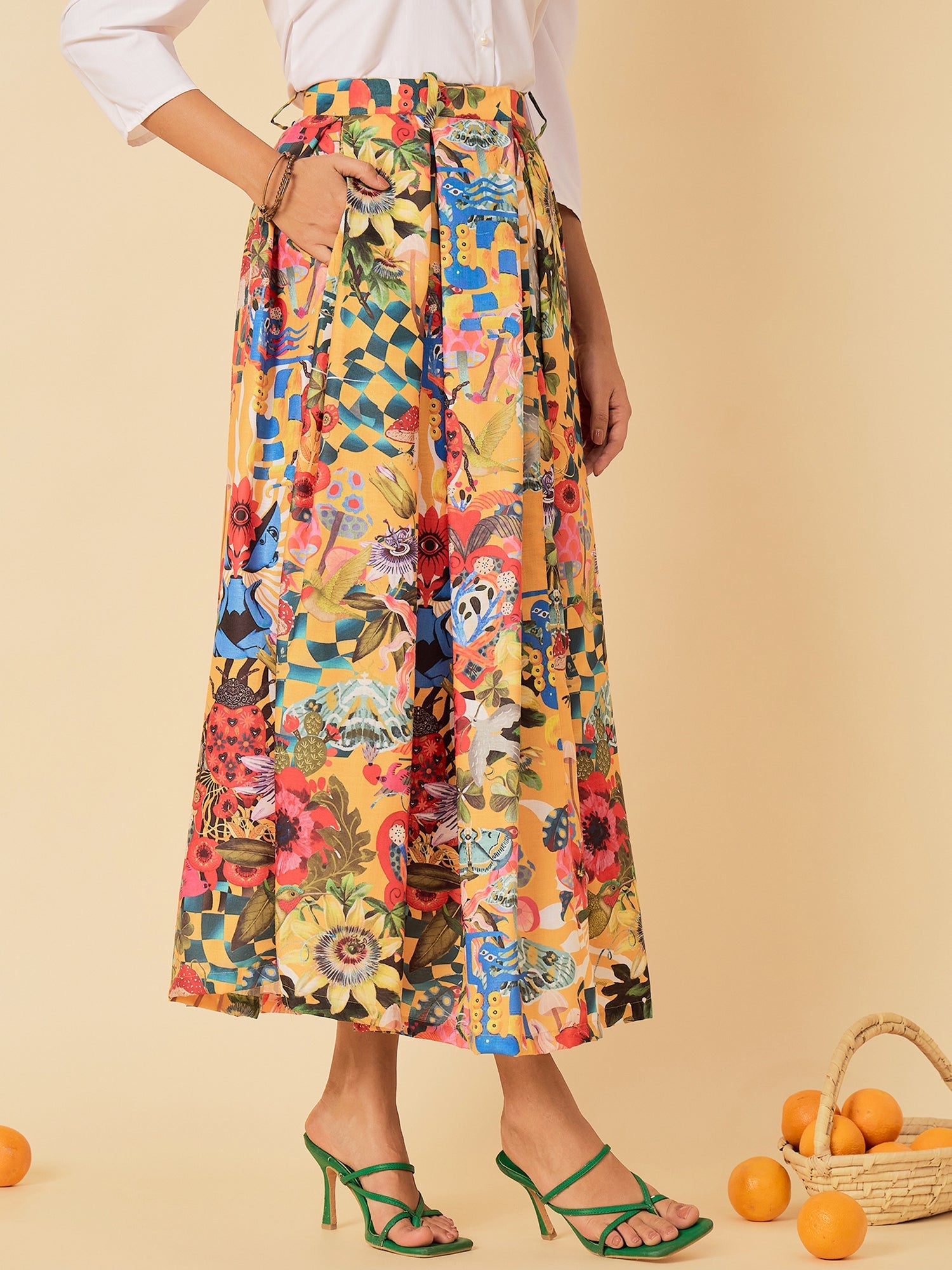 Pure Cotton Box Pleated Midi Skirt