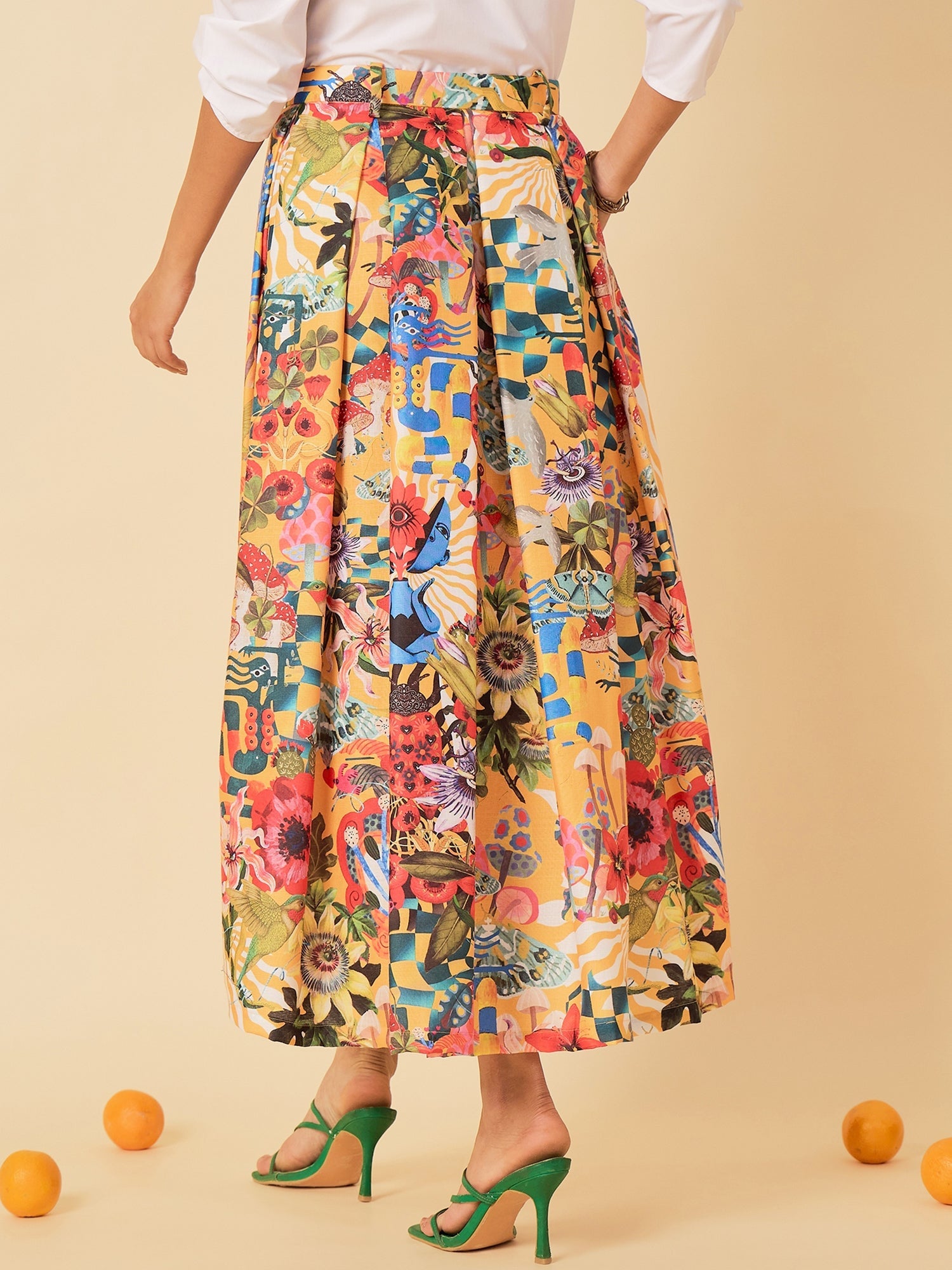 Box Pleated Linen Midi Skirt