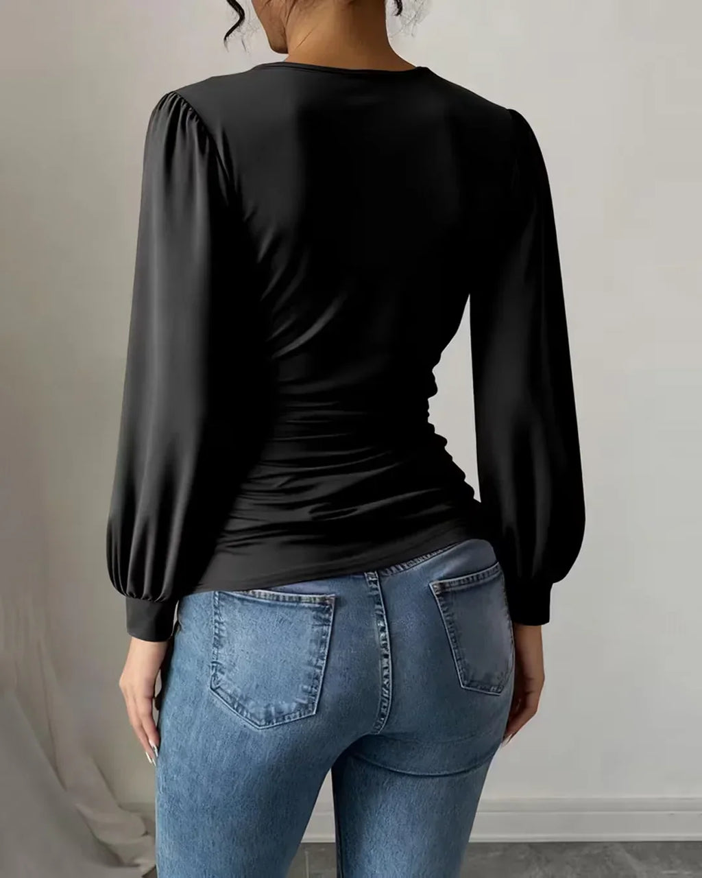 Black Crossover V Neck Ruffled Waist Bubble Long Sleeve Top