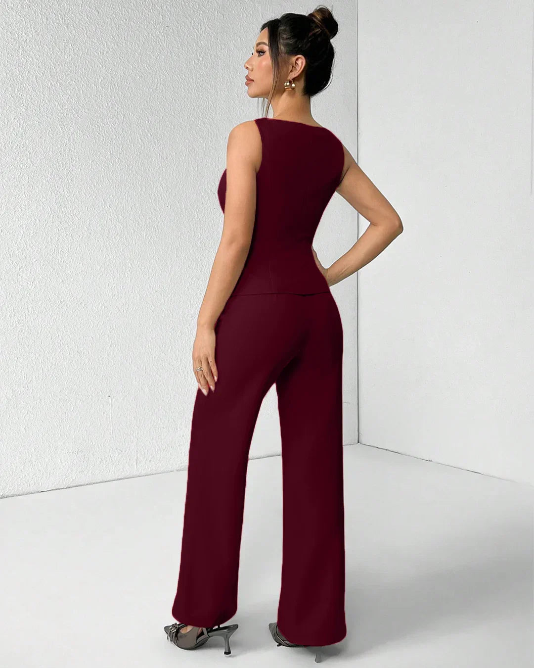 Burgundy Sleeveless Button Vest & Wide-Leg Trousers Co-ords Set