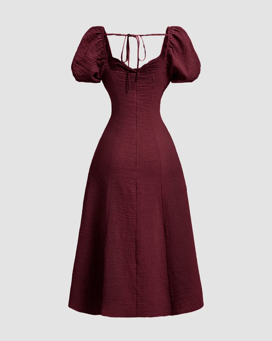 Summer Elegant Solid Color Puff Sleeve Cinch Waist Dress In Maroon