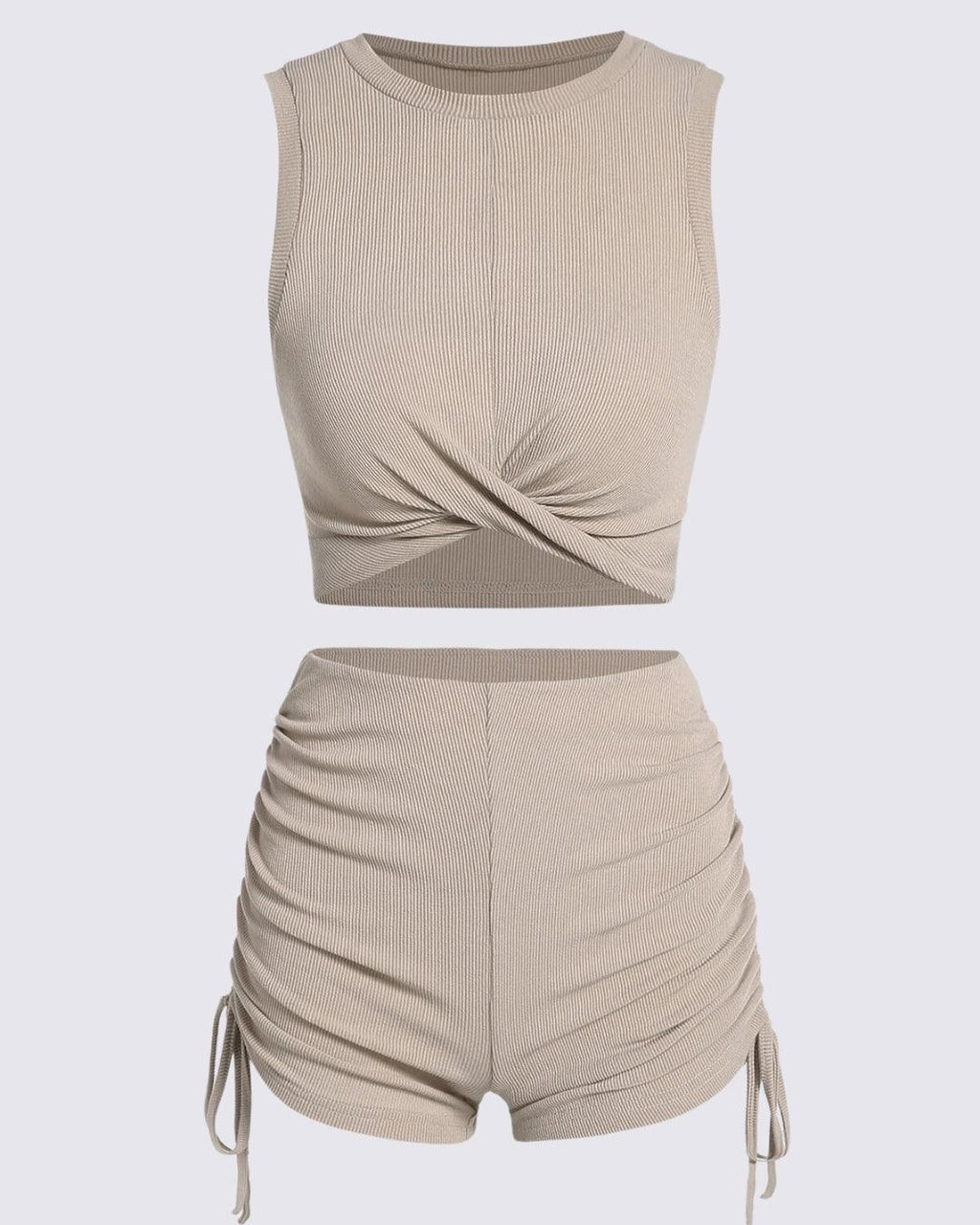 Ribbed Twisted Racerback Crop Tank Top With Cinched Side High Waisted Skinny Shorts Set In Apricot