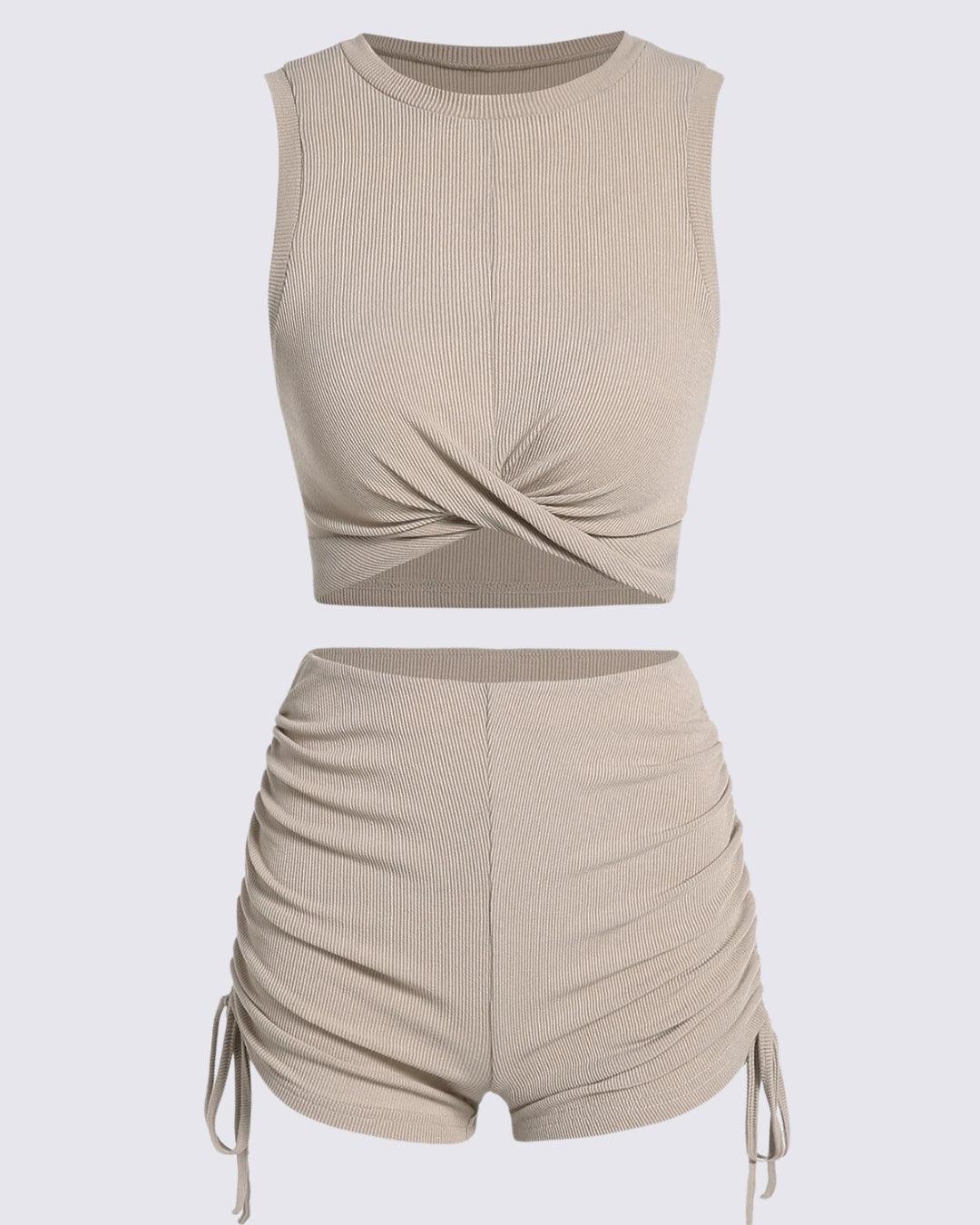 Ribbed Twisted Racerback Crop Tank Top With Cinched Side High Waisted Skinny Shorts Set In Apricot