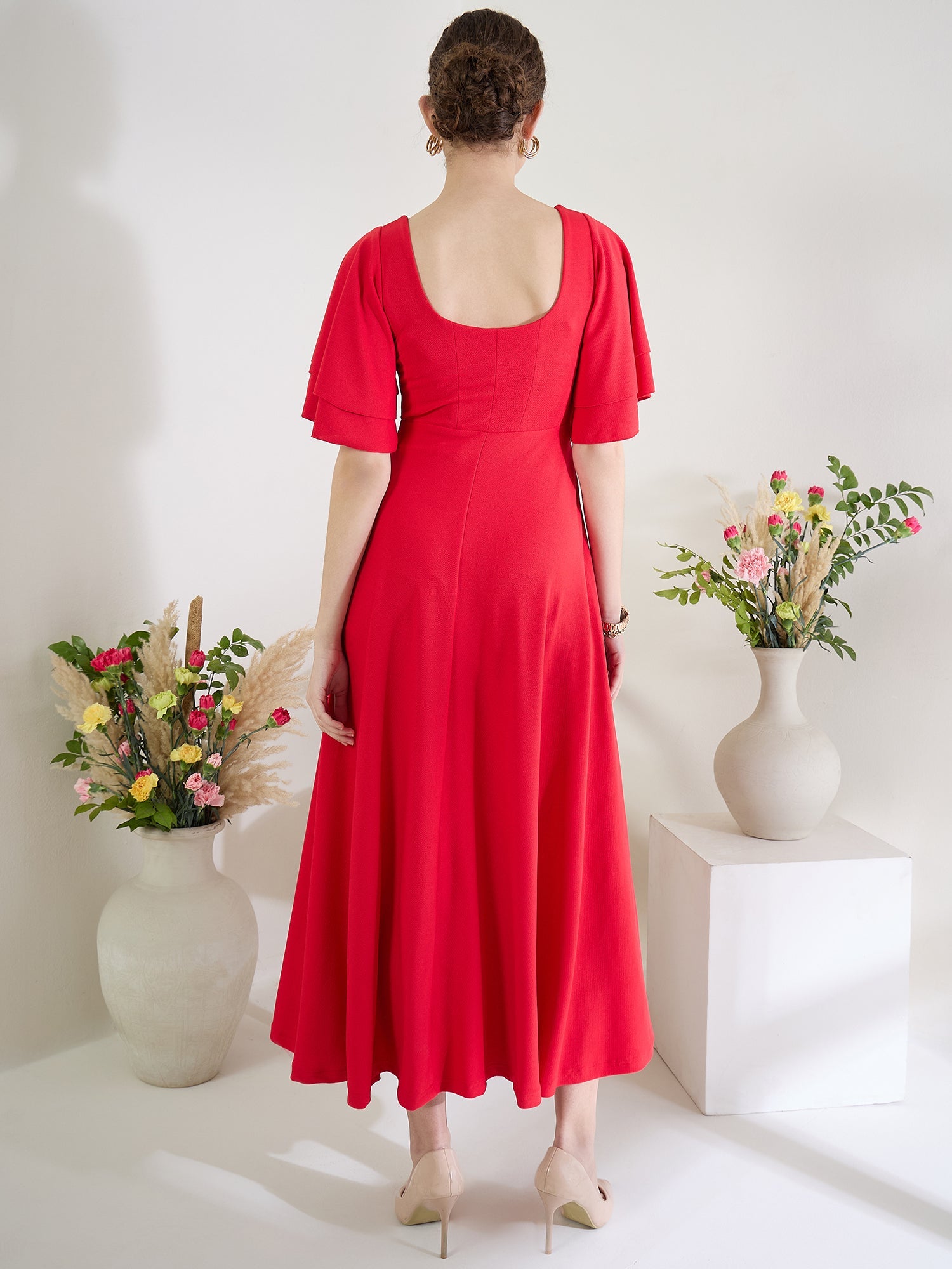 Stretchable Ruffled Sleeve Fit & Flare Dress