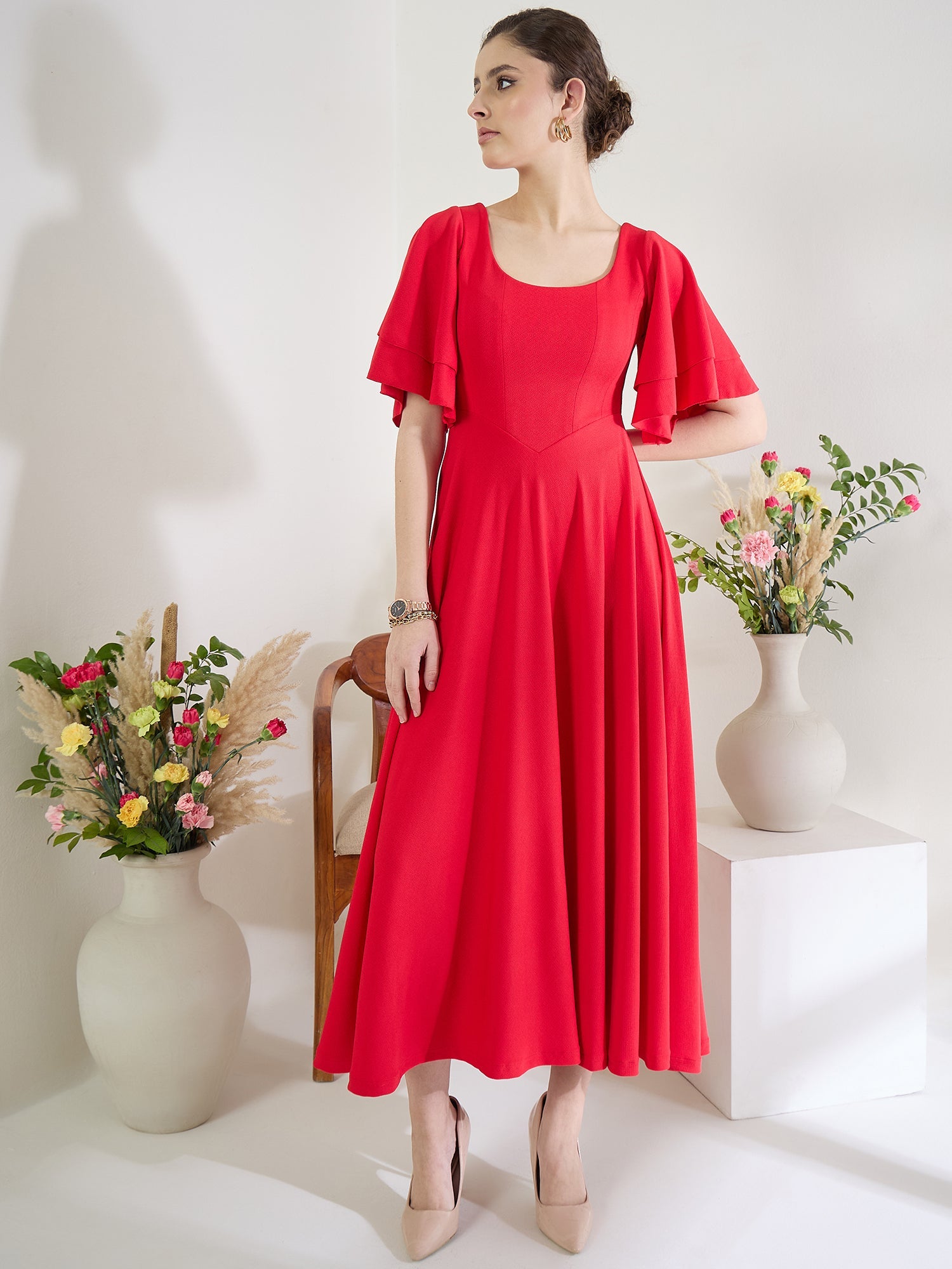 Stretchable Ruffled Sleeve Fit & Flare Dress - Pinkkup