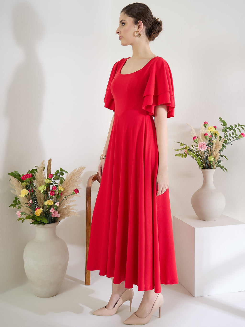 Stretchable Ruffled Sleeve Fit & Flare Dress