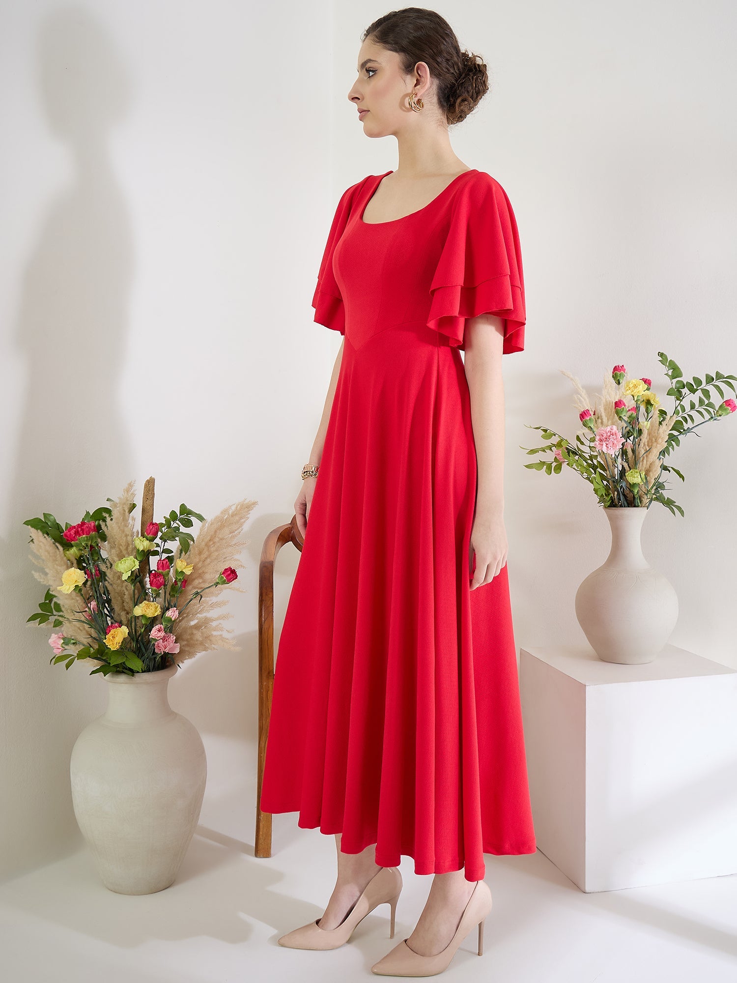 Stretchable Ruffled Sleeve Fit & Flare Dress