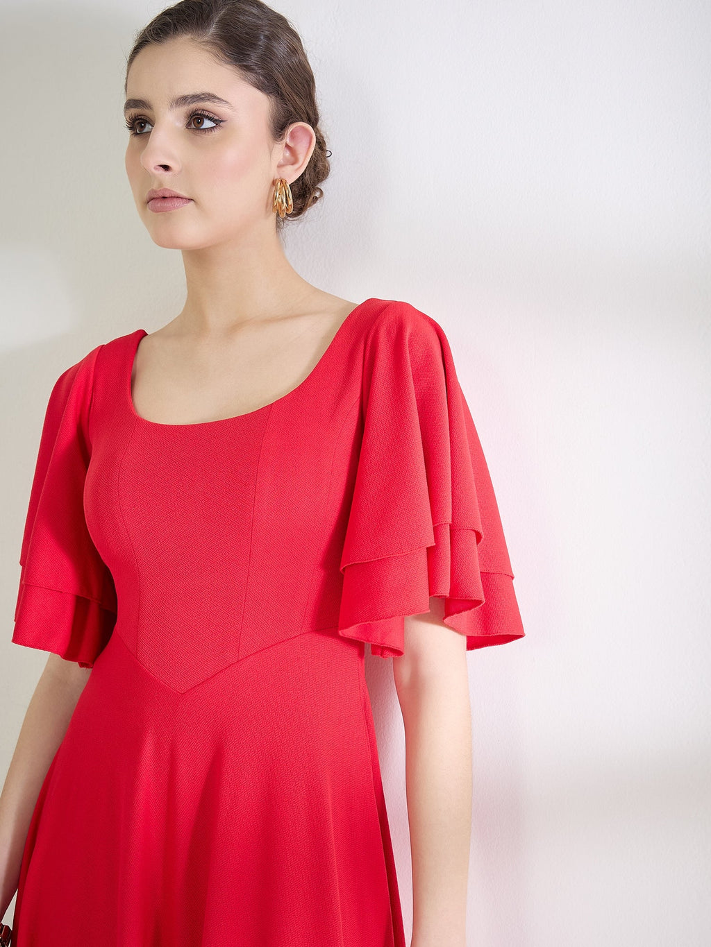 Stretchable Ruffled Sleeve Fit & Flare Dress