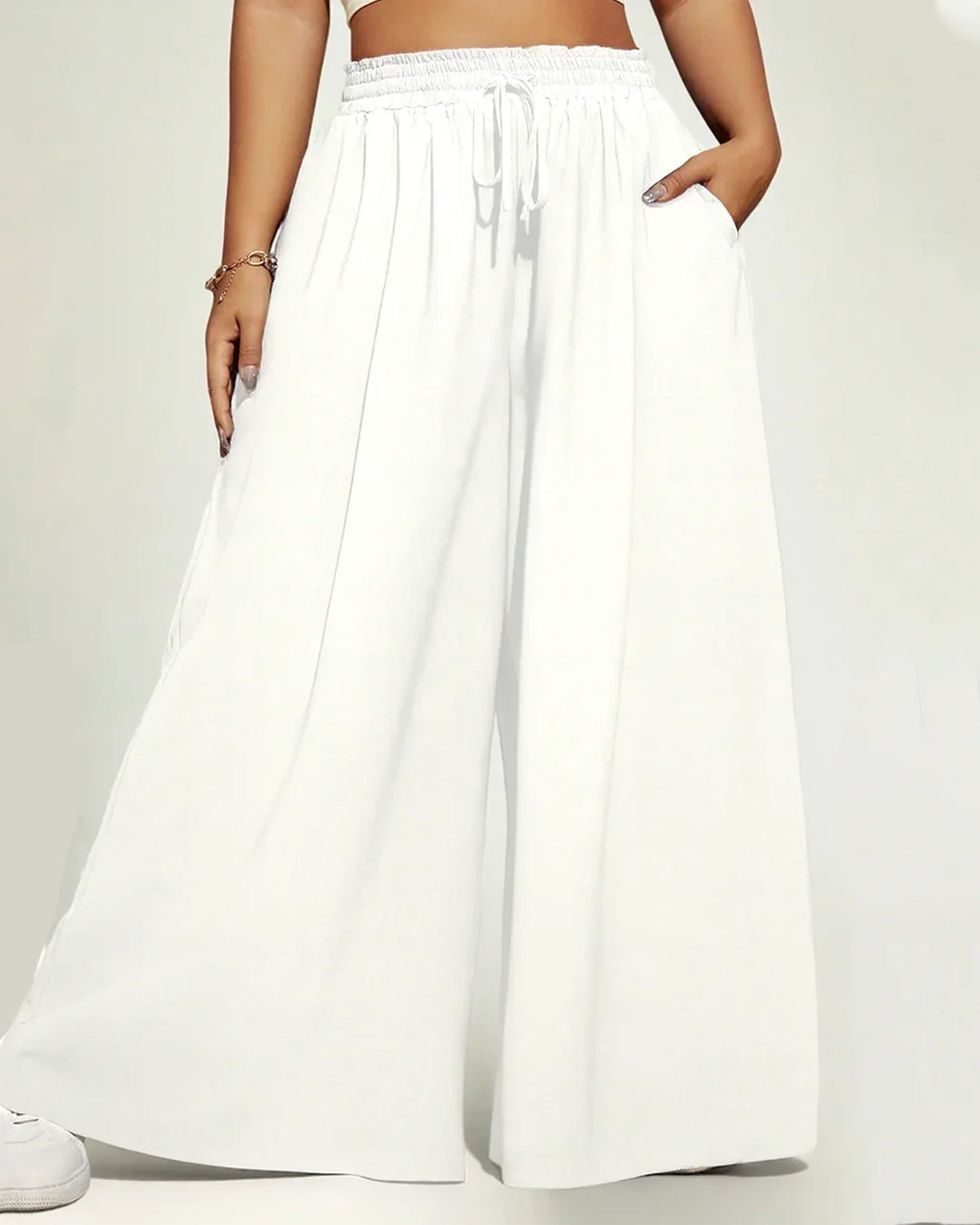 White High-Rise Drawstring Flare Leg Pants Curve & Plus