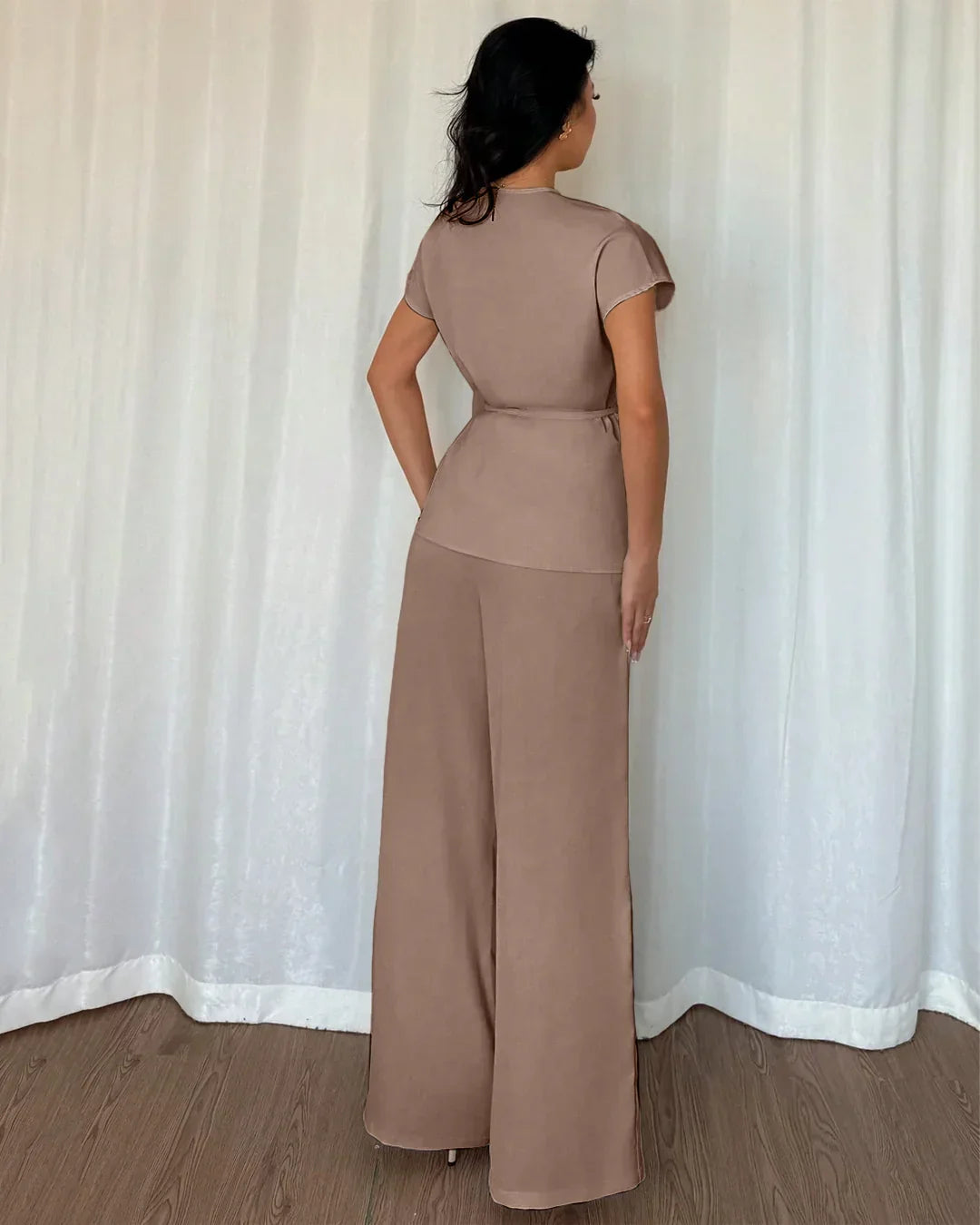 Chocolate Fondae Short Sleeve Wrap Top & Wide-Leg Pants Set