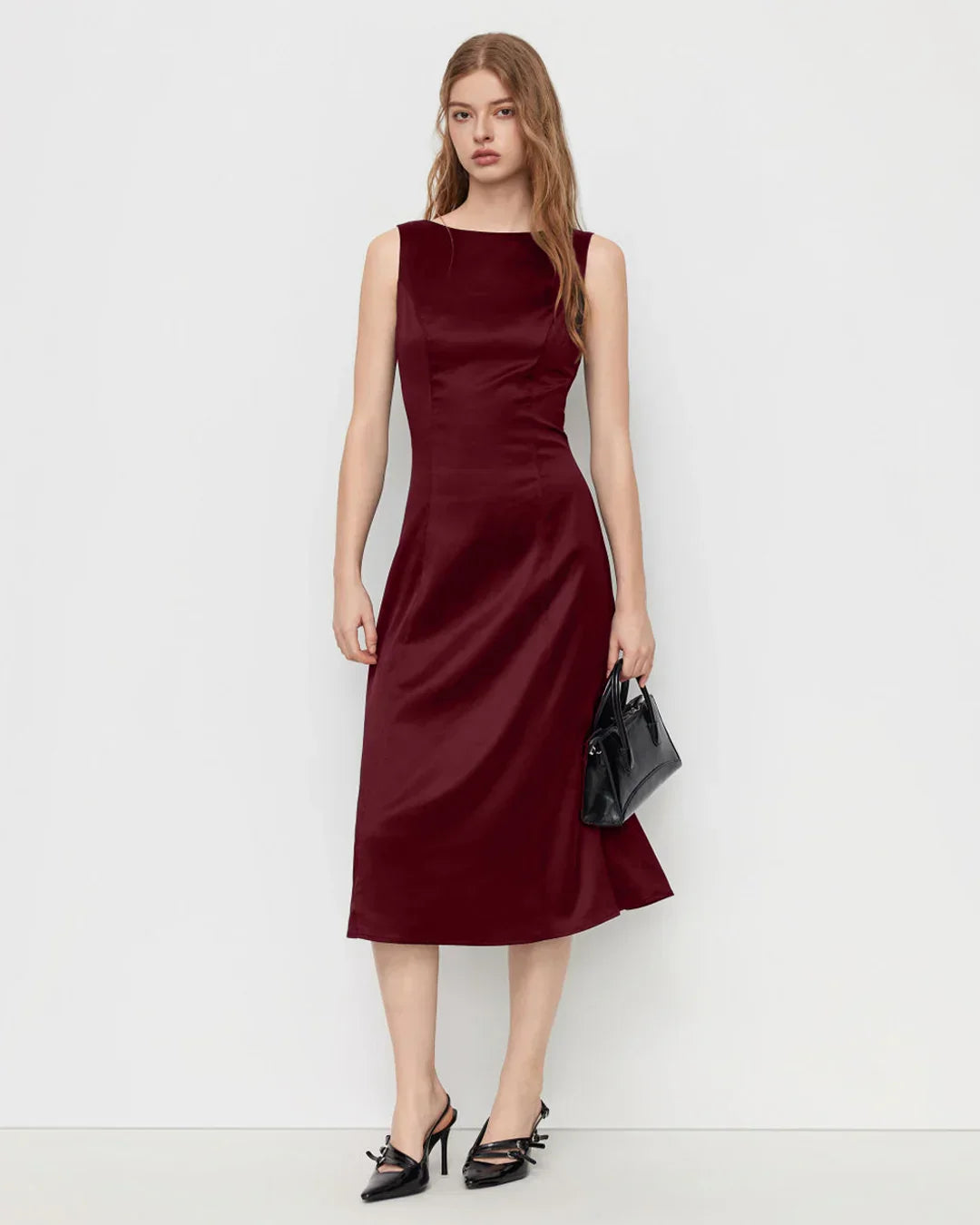 Satin Boat Neck Cinched Waist Midi Dress in Red