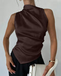 Satin Sleeveless High Neck Asymmetrical Hem Top in Coffee
