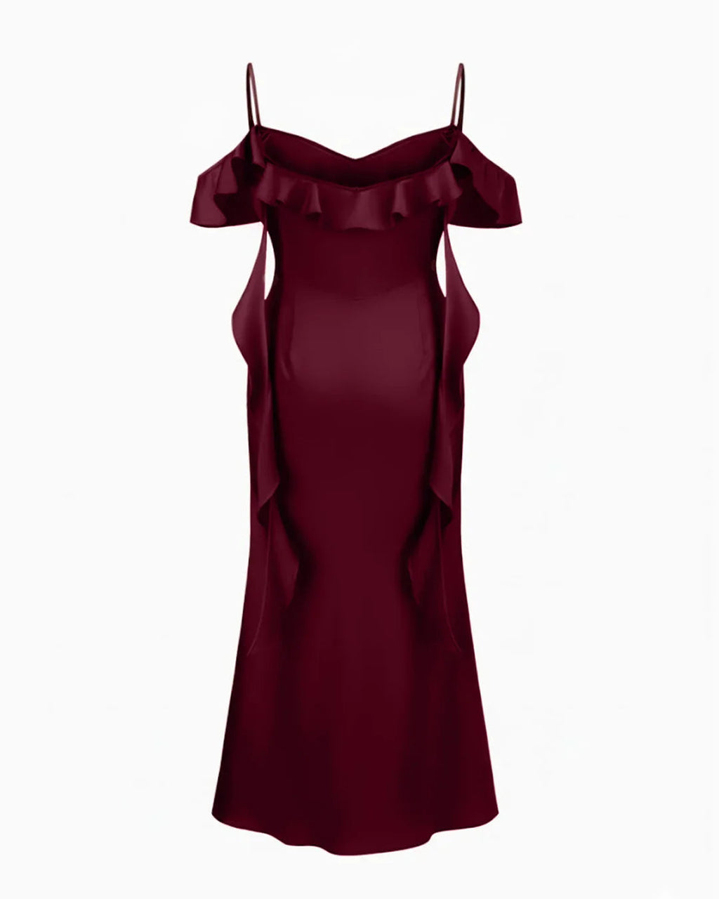 Satin V-neck Backless Ruffle Hem Maxi Dress Curve & Plus in Burgundy