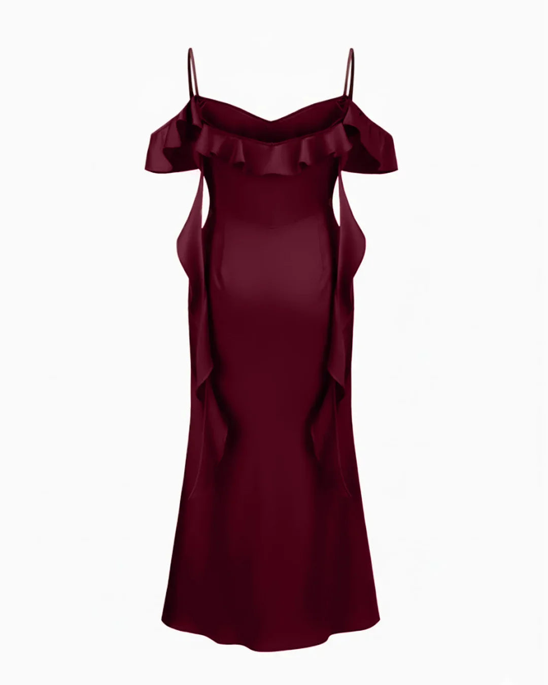 Satin V-neck Backless Ruffle Hem Maxi Dress Curve & Plus in Burgundy