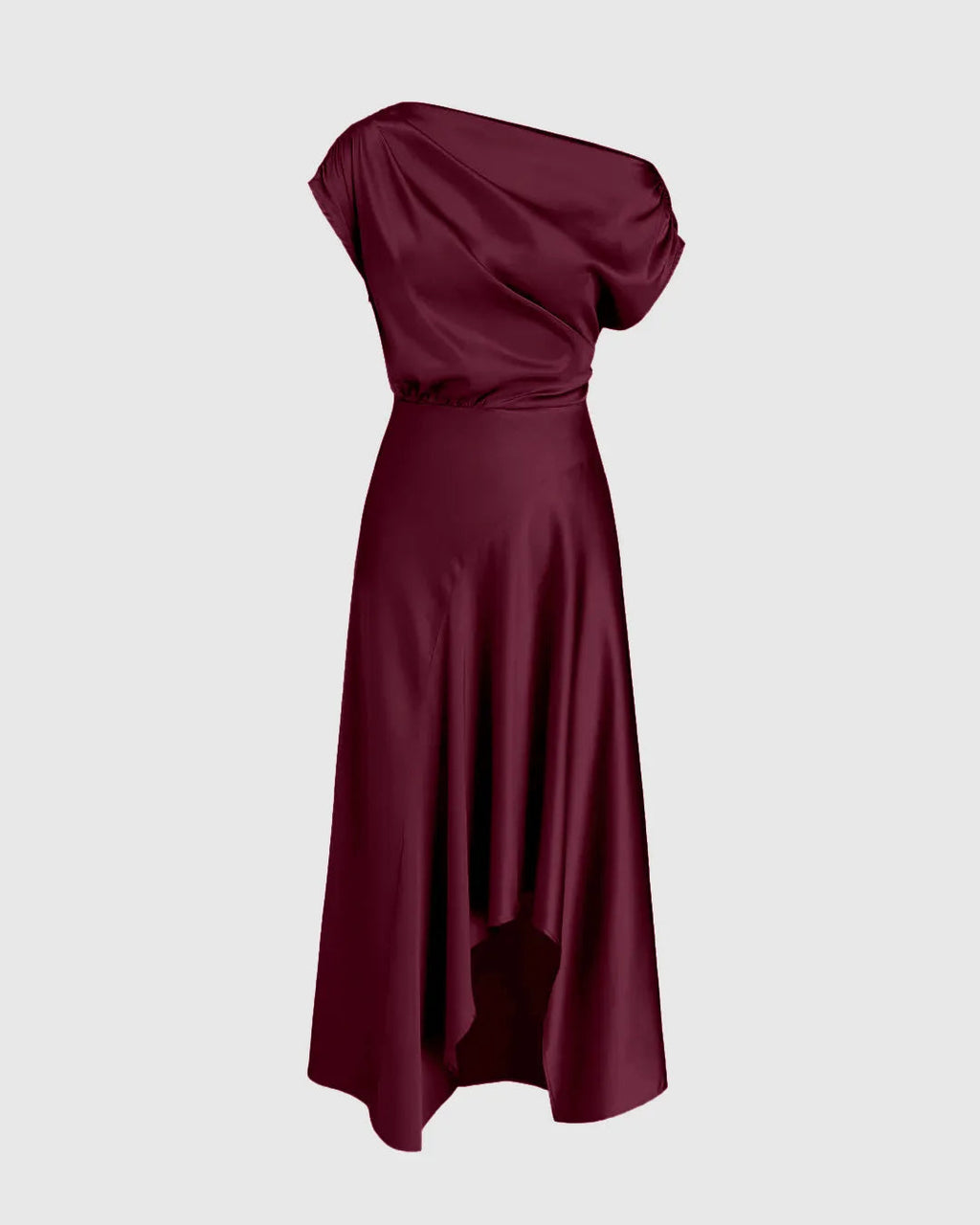 Asymmetrical Boat Neck Ruffle Maxi Dress In Cherry Red