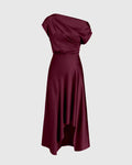 Asymmetrical Boat Neck Ruffle Maxi Dress In Cherry Red