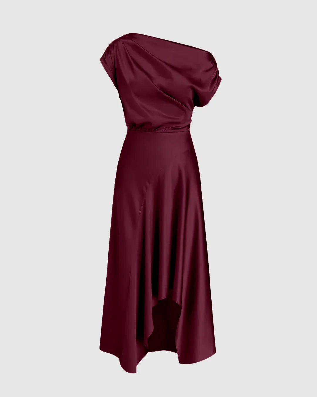 Asymmetrical Boat Neck Ruffle Maxi Dress In Cherry Red