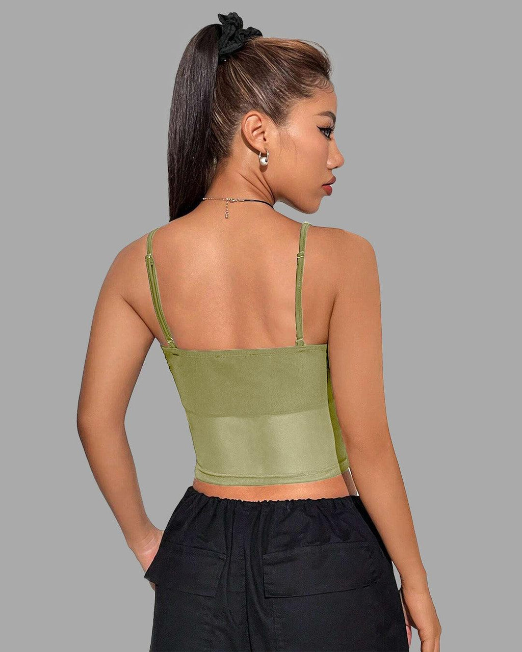 Ruched Spaghetti Strap Slim Fitted Crop Cami Green Top