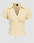 Ruched Button Down Puff Sleeve Top in Yellow Curve & Plus