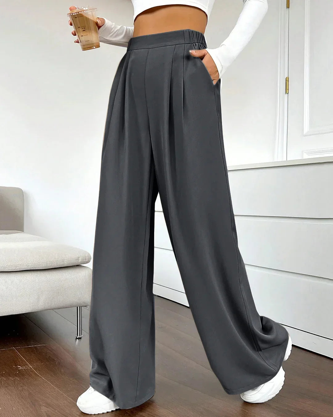 High-Rise Wide-Leg Trousers with Pockets in Dark Grey