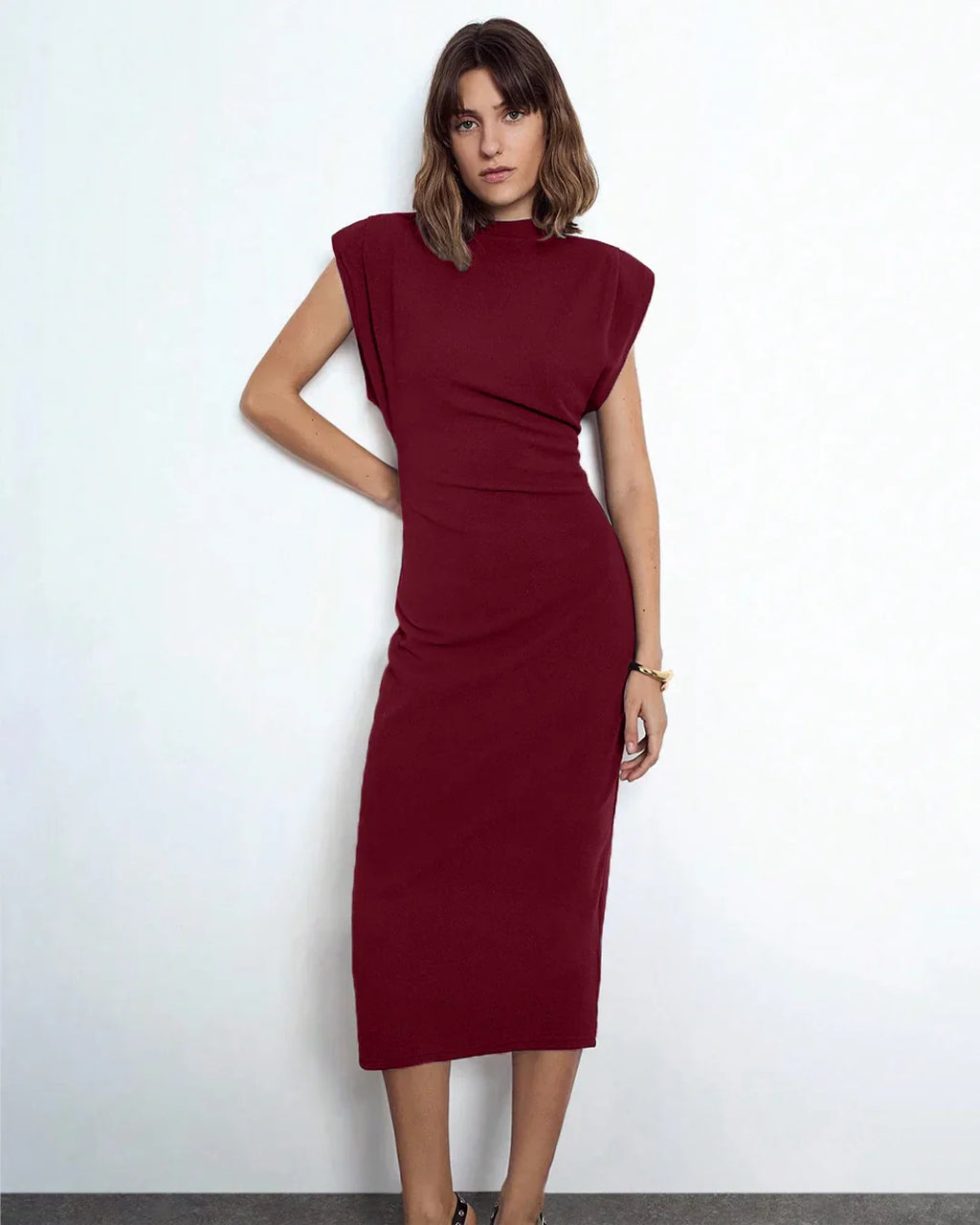 Burgundy Structured Shoulder Bodycon Midi Dress