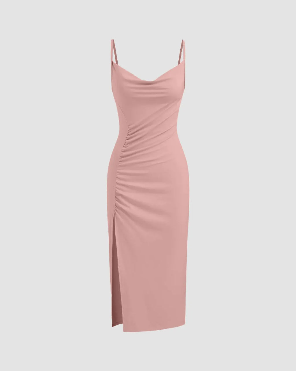Rose Ruched Bodycon Midi Dress with Spaghetti Straps