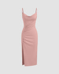Rose Ruched Bodycon Midi Dress with Spaghetti Straps