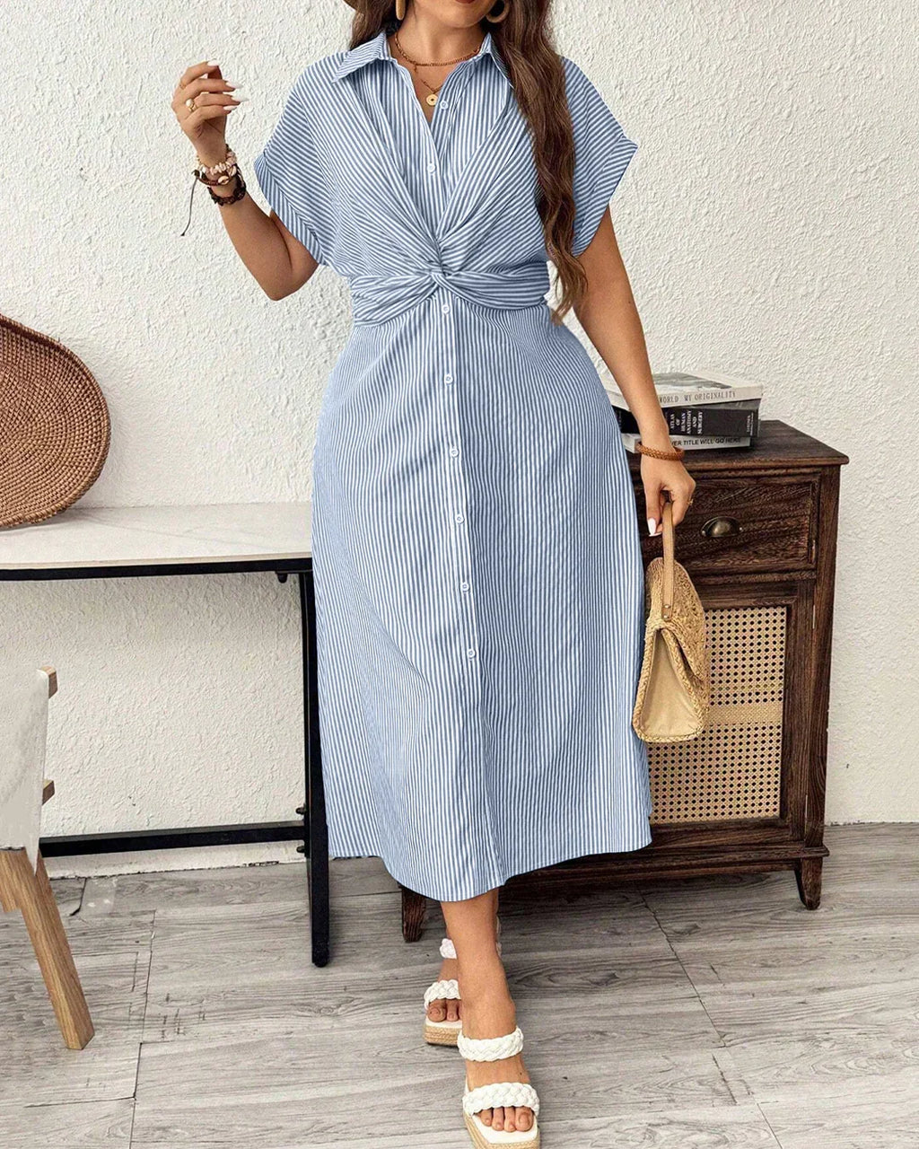 Blue Striped Collared Button-Down Twist Front Midi Dress Curve & Plus
