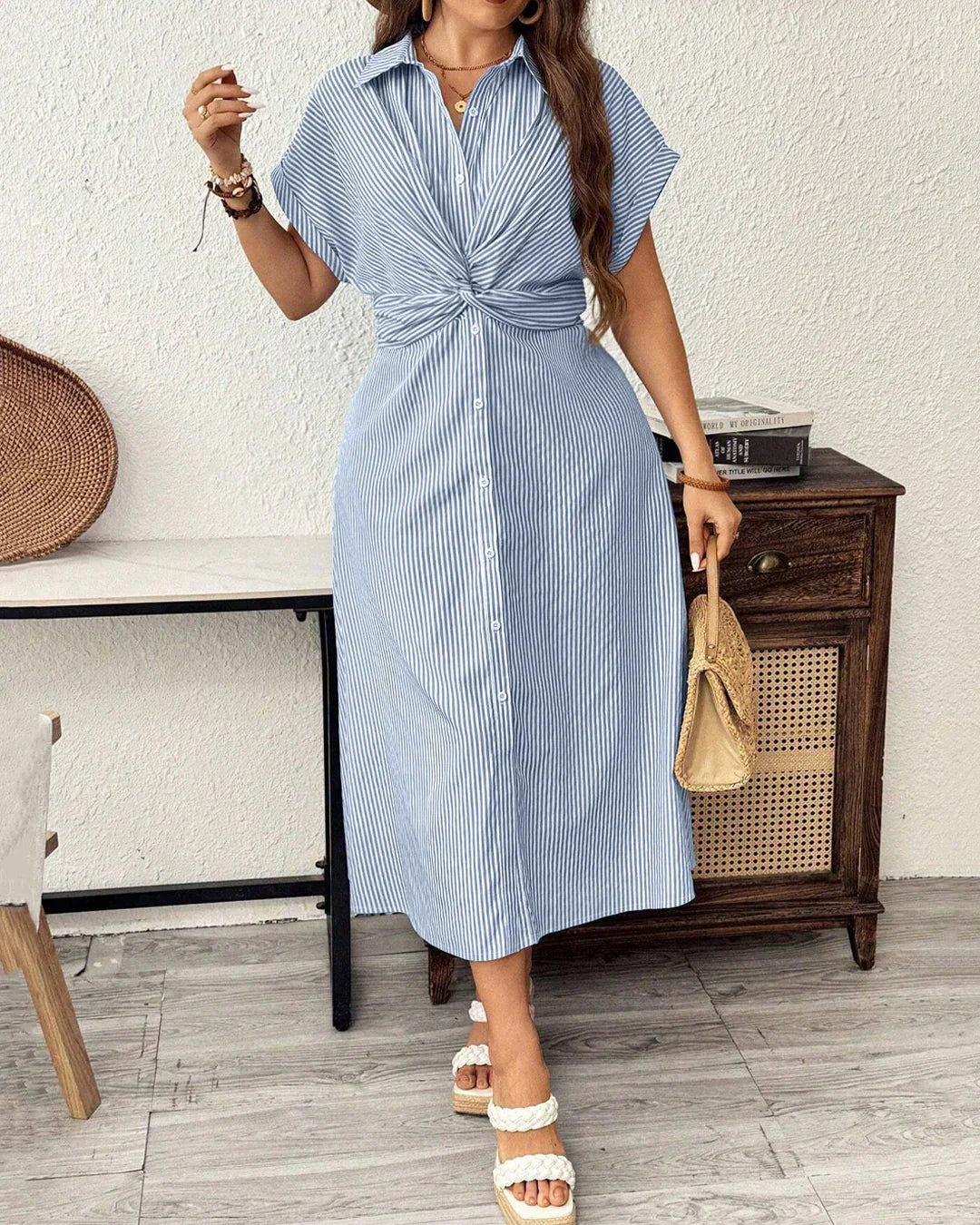 Blue Striped Collared Button-Down Twist Front Midi Dress Curve & Plus