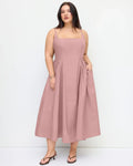 U-neckline Ruched Ruffle Hem Maxi Cami Dress in Pink Curve & Plus