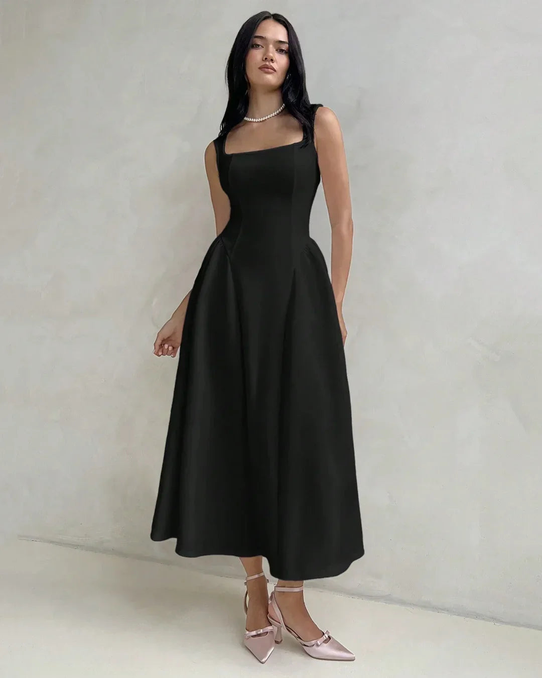 Square Neck Sleeveless Fit & Flare Midi Dress in Black