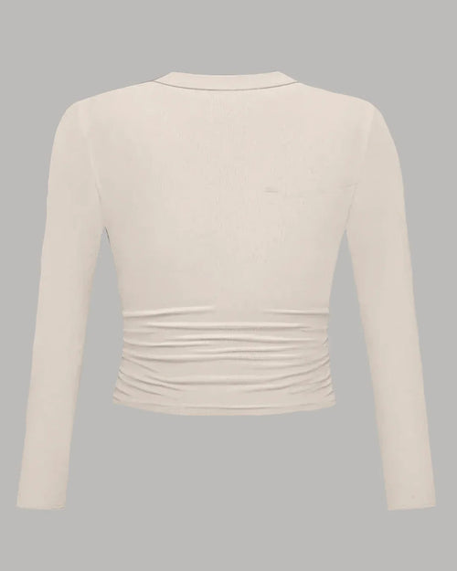 Collared V-Neck Full Sleeve Top in Apricot Curve & Plus