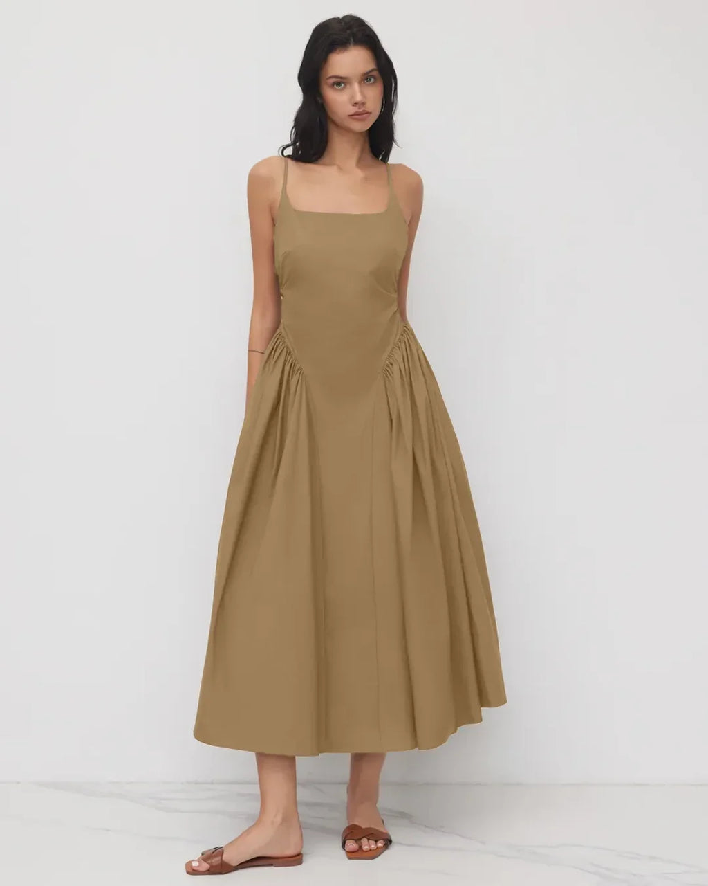 U-neckline Ruched Ruffle Hem Maxi Cami Dress in Mud