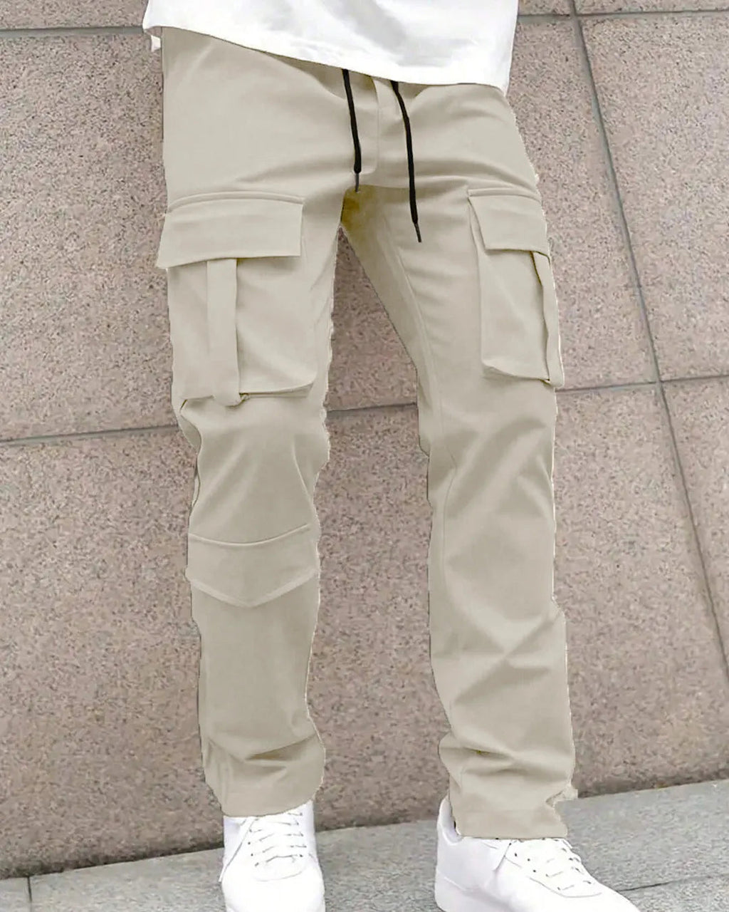 Men Solid Color Front Tie Pocket Simple Casual Straight Leg Cargo Pants In Light Grey