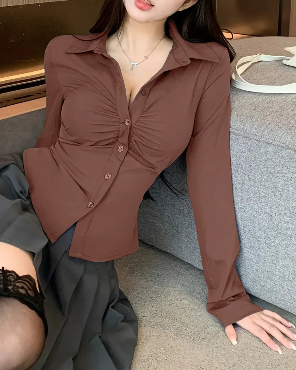 Ruched Front Button Collar Long Sleeve Shirt in Brown
